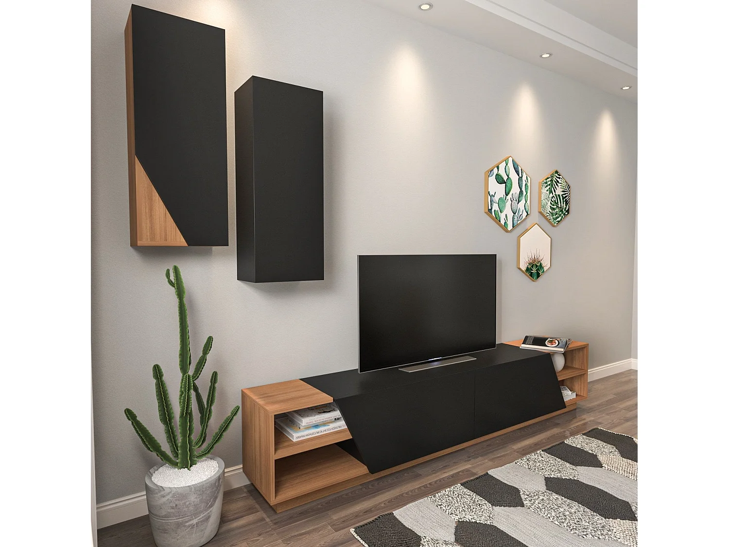 Moderner TV-Ständer – 240 x 47 x 37,5 cm – Schwarz und Teakholz – Melamin