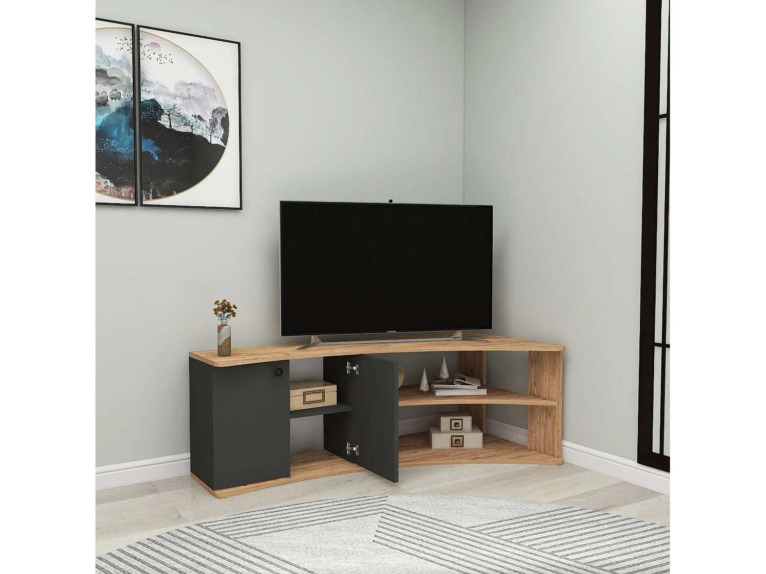 Meuble TV d'angle Jirel Bois clair et Anthracite