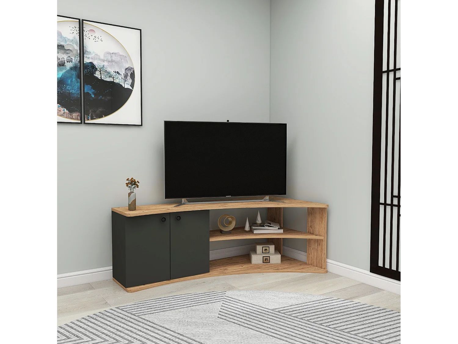 TV-Ständer – 135 x 67,7 x 48,6 cm – Atlantische Kiefer und Anthrazit – Melaminbeschichtete Spanplatte