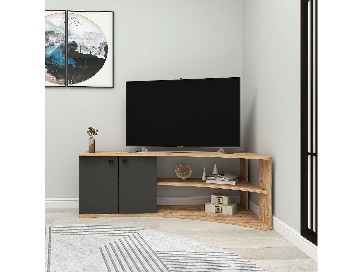 TV-Ständer – 135 x 67,7 x 48,6 cm – Atlantische Kiefer und Anthrazit – Melaminbeschichtete Spanplatte