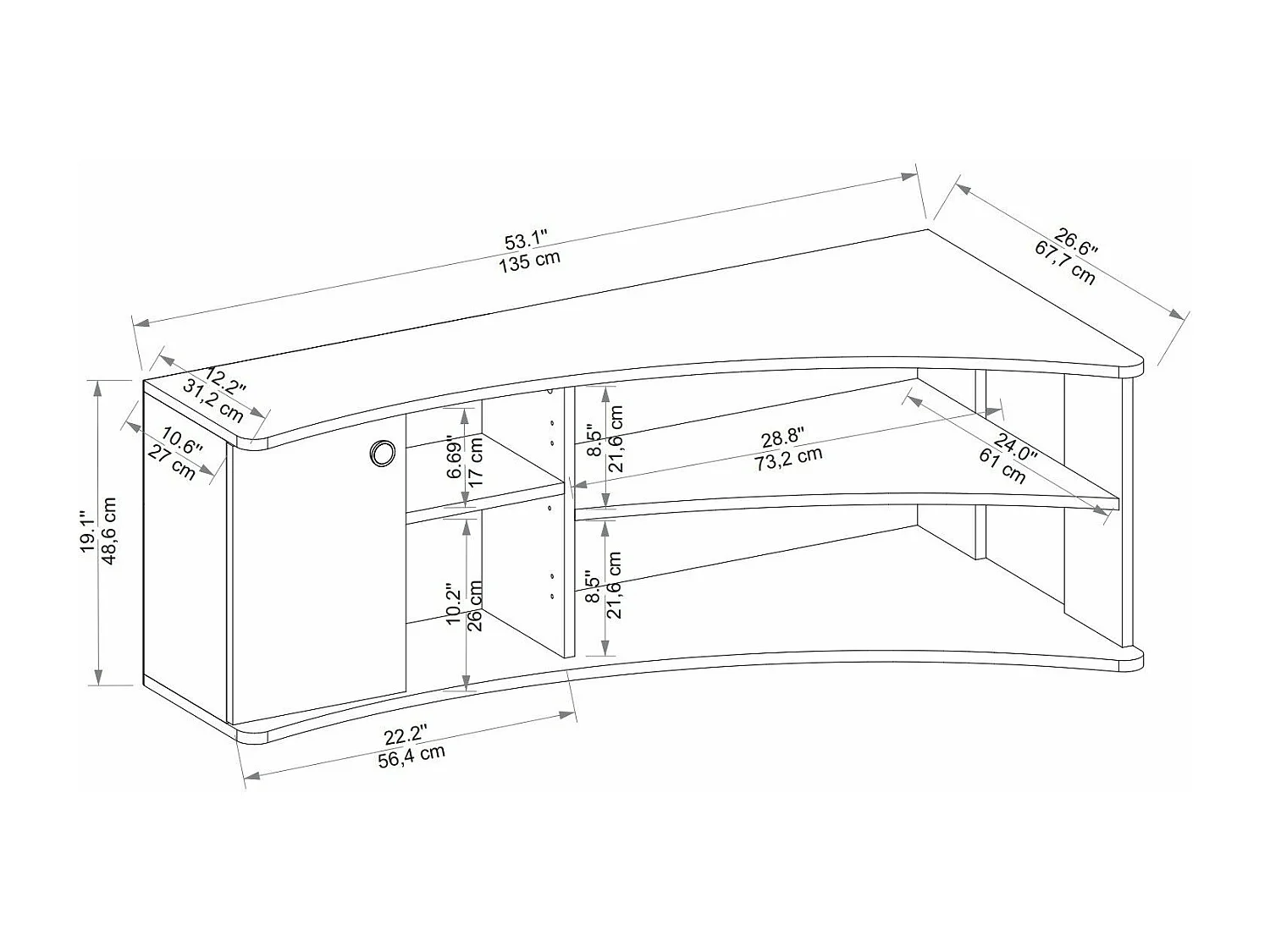 TV-Ständer – 135 x 67,7 x 48,6 cm – Atlantische Kiefer und Anthrazit – Melaminbeschichtete Spanplatte
