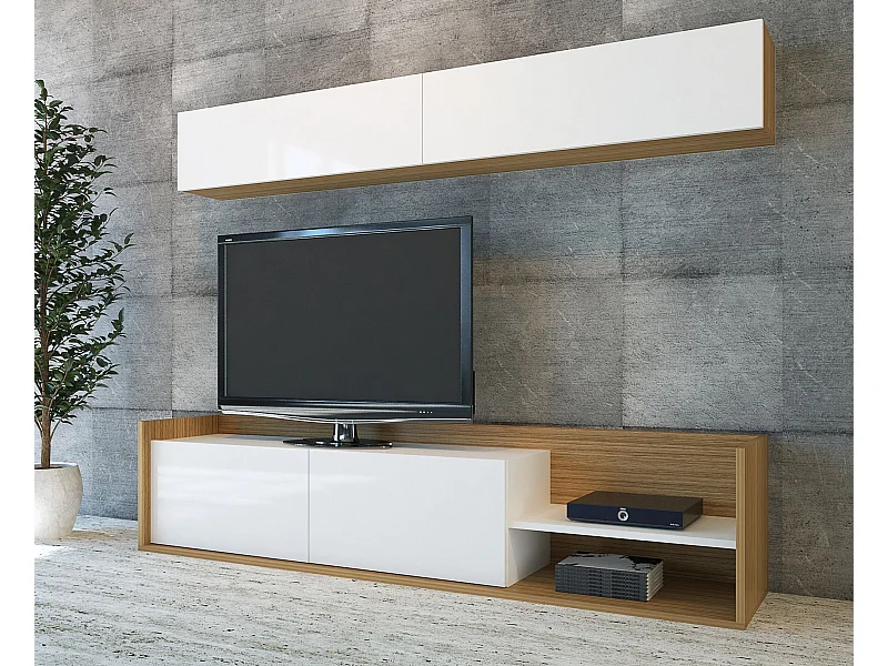 Móvel de TV moderno – 180 cm – Branco e Teca – Painéis de partículas revestidos de melamina