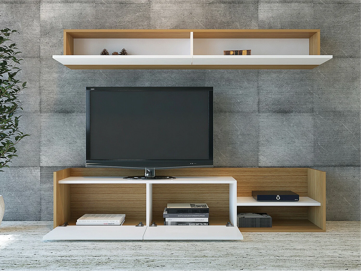 Móvel de TV moderno – 180 cm – Branco e Teca – Painéis de partículas revestidos de melamina