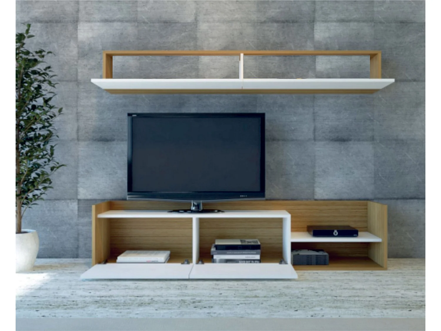 Móvel de TV moderno – 180 cm – Branco e Teca – Painéis de partículas revestidos de melamina