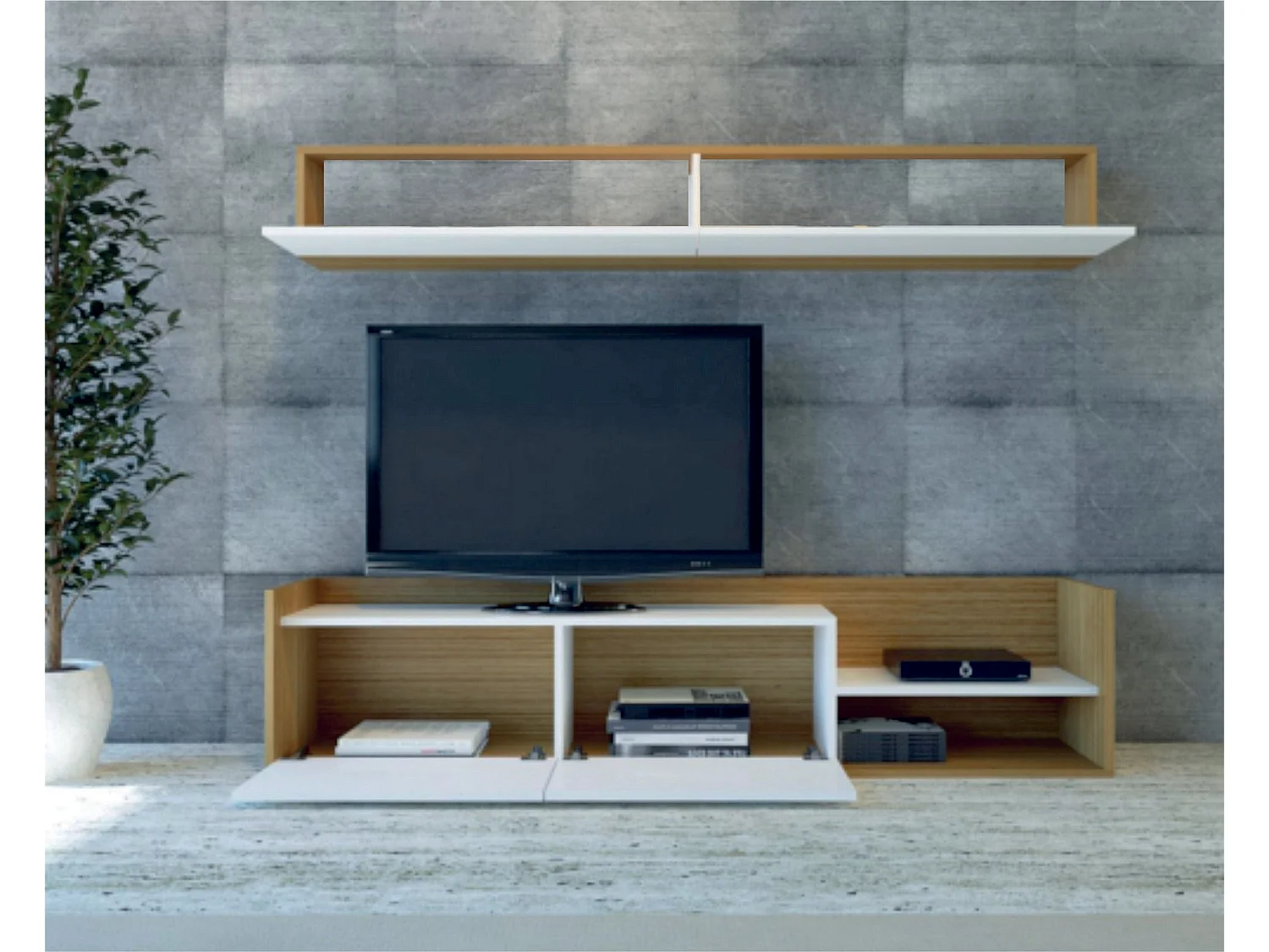 Móvel de TV moderno – 180 cm – Branco e Teca – Painéis de partículas revestidos de melamina