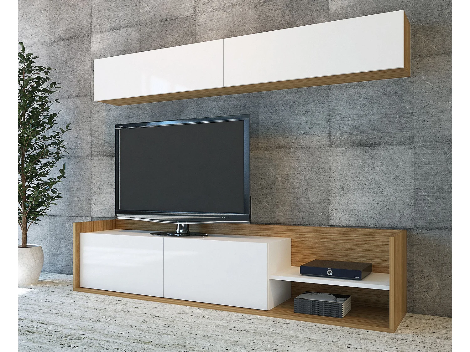 Mobile TV moderno – 180 cm – Bianco e Teak – Pannello di particelle rivestito in melaminico