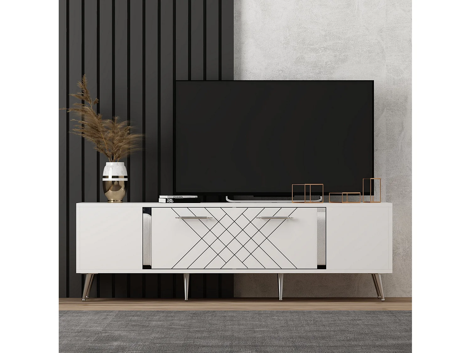 Mesa de tv Kailua 269, Blanco|Plata, Número de puertas: 2.00, 150x48x35cm