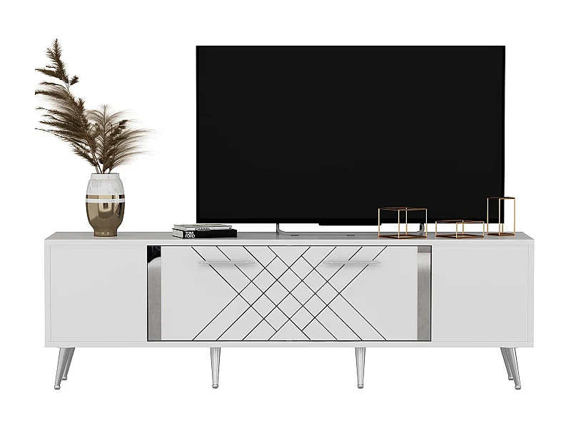 Móvel de TV moderno – 150 cm x 48,2 cm x 35 cm – Branco e Prata – Melamina