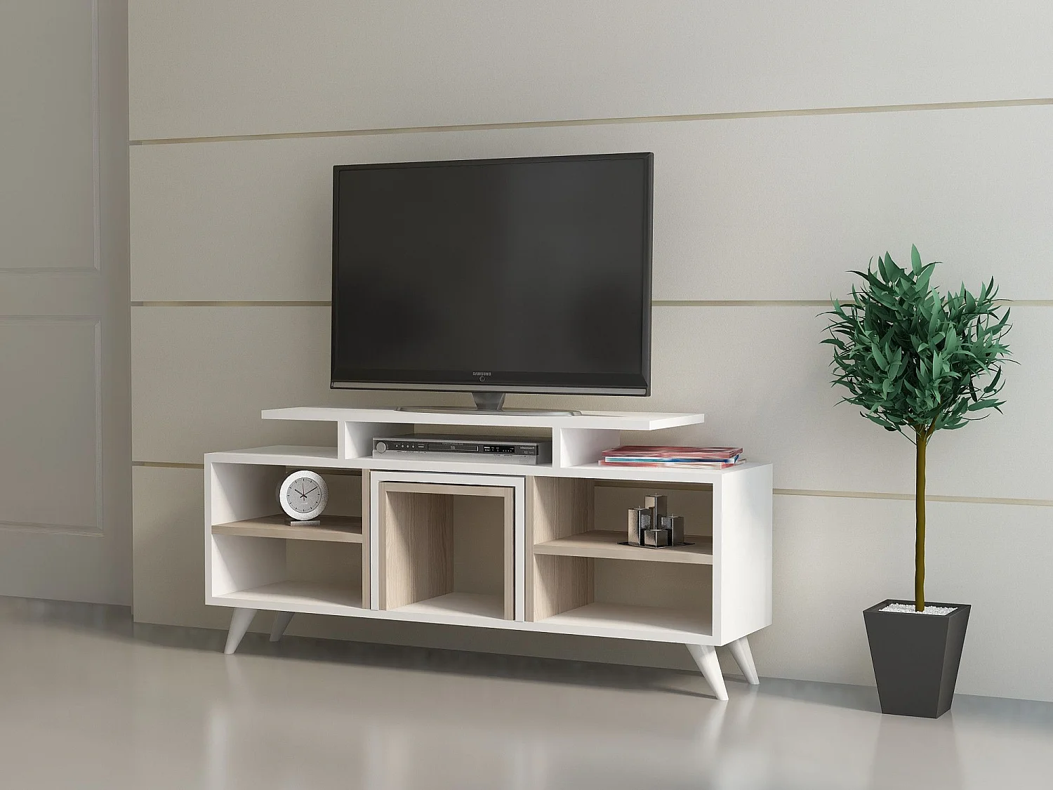 Moderne tv-standaard – 120 cm – Wit en Cordoba – Melamine