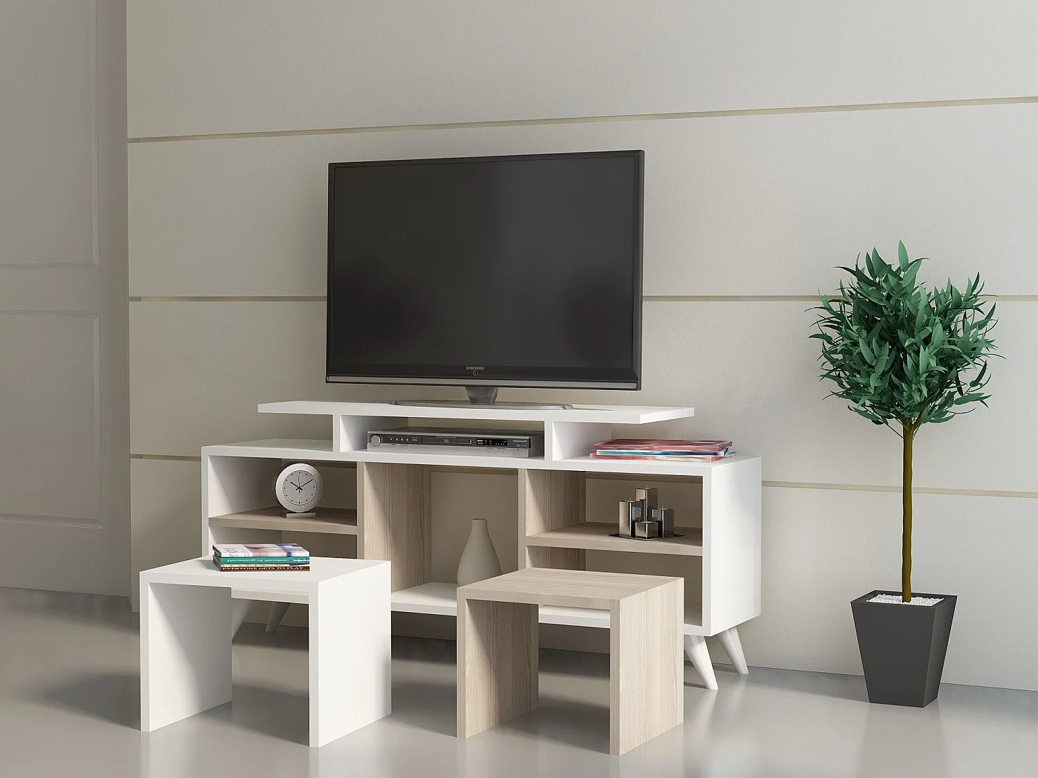 Moderne tv-standaard – 120 cm – Wit en Cordoba – Melamine