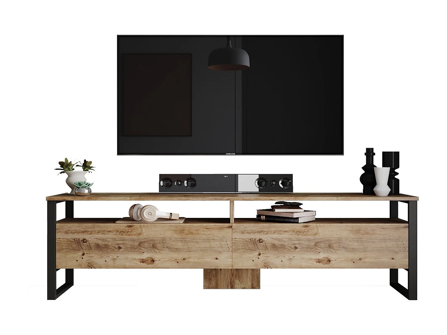Mesa de tv Kailua 837, Pino|Negro, Número de puertas: 1.00, 180x56x36cm