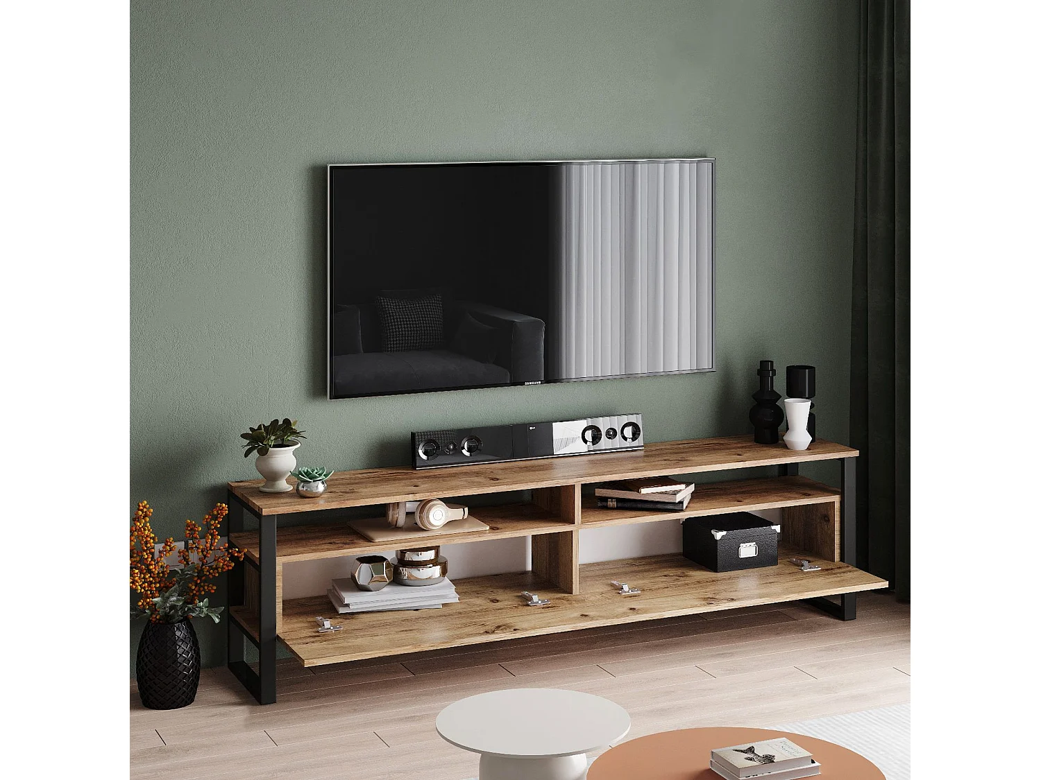 Mesa de tv Kailua 837, Pino|Negro, Número de puertas: 1.00, 180x56x36cm