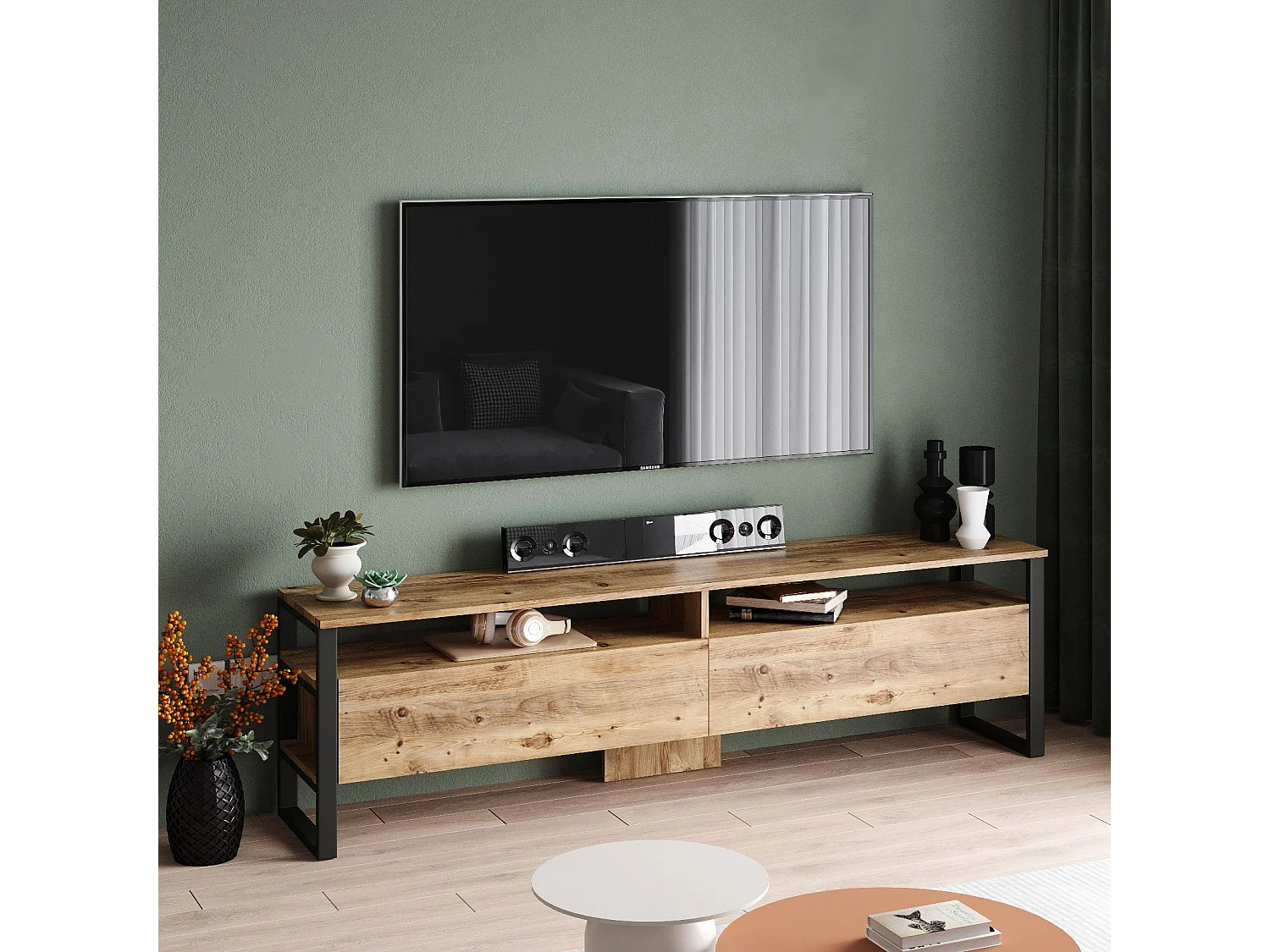 Meuble TV 2 portes et 2 étagères Orpha 180cm Noir et Bois