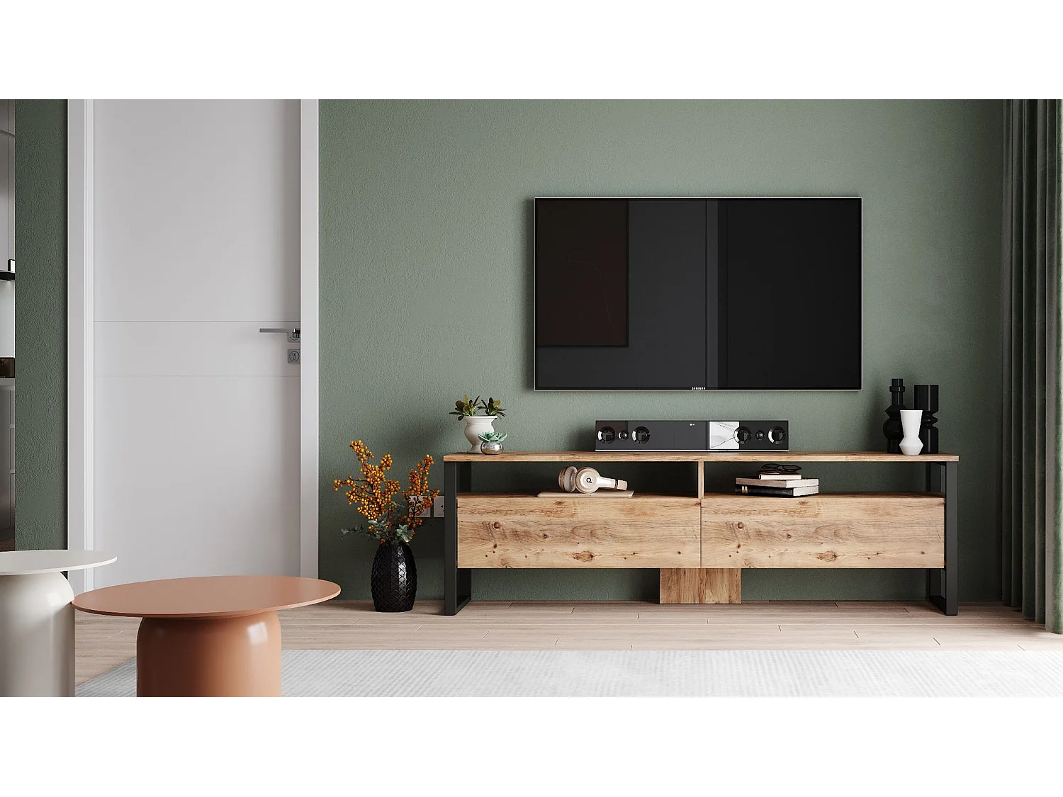 Meuble TV 2 portes et 2 étagères Orpha 180cm Noir et Bois