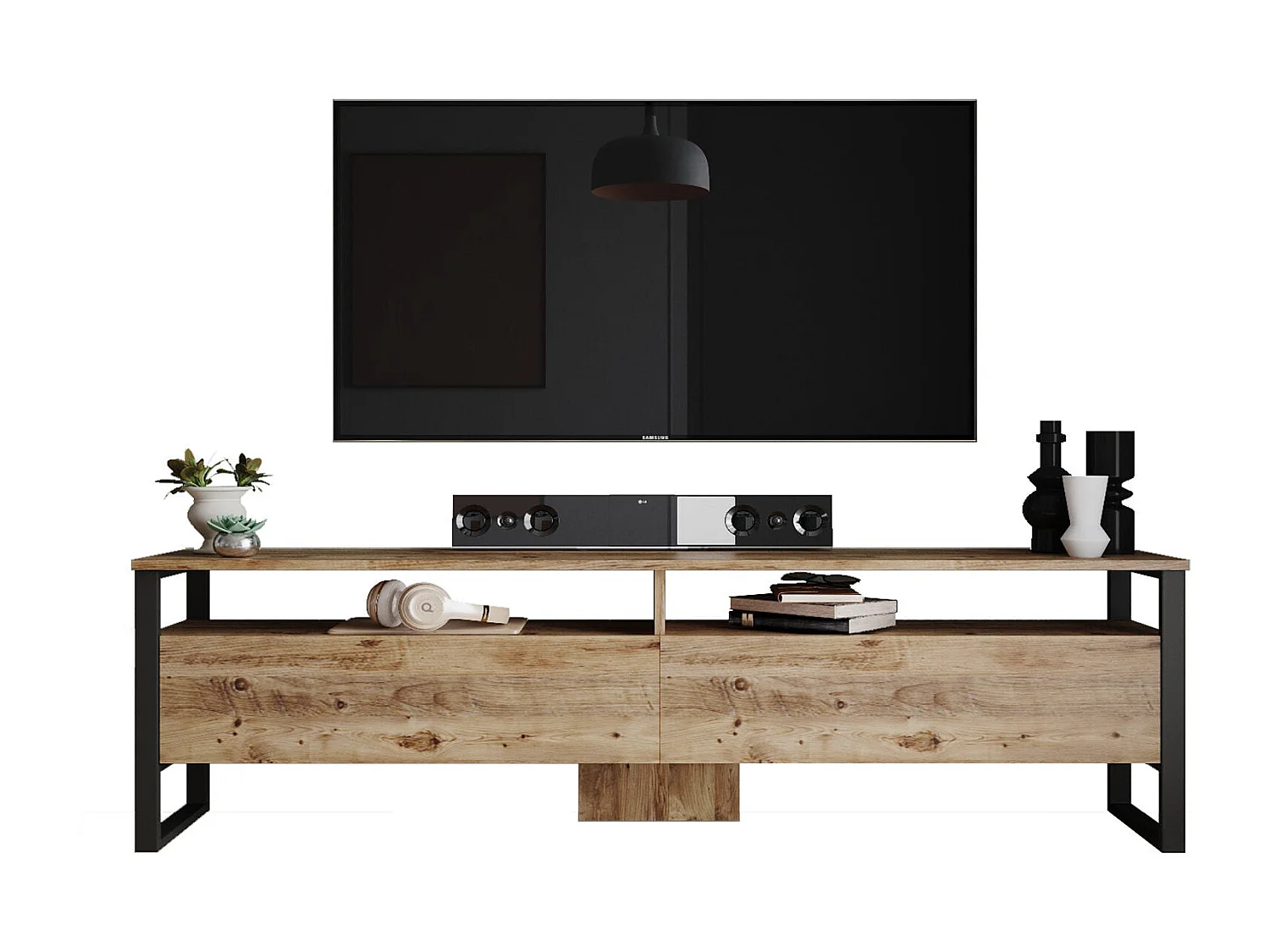 Meuble TV 2 portes et 2 étagères Orpha 180cm Noir et Bois