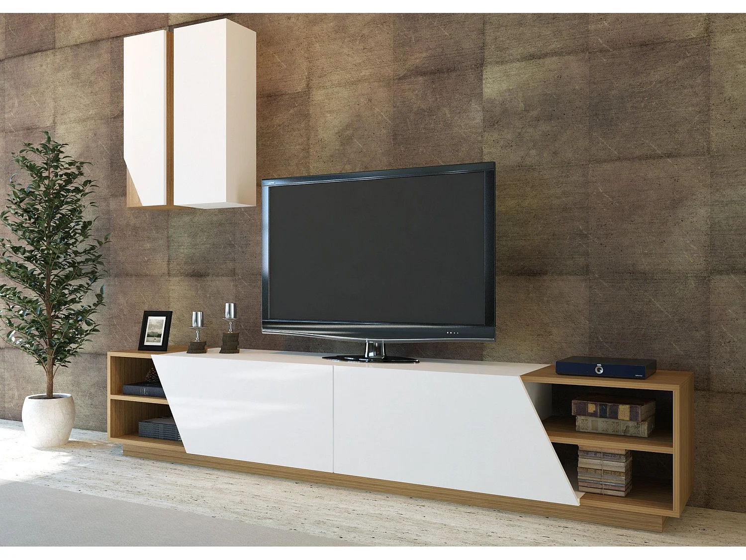 Moderner TV-Ständer – 240 x 47 x 37,5 cm – Weiß und Teakholz – Melamin