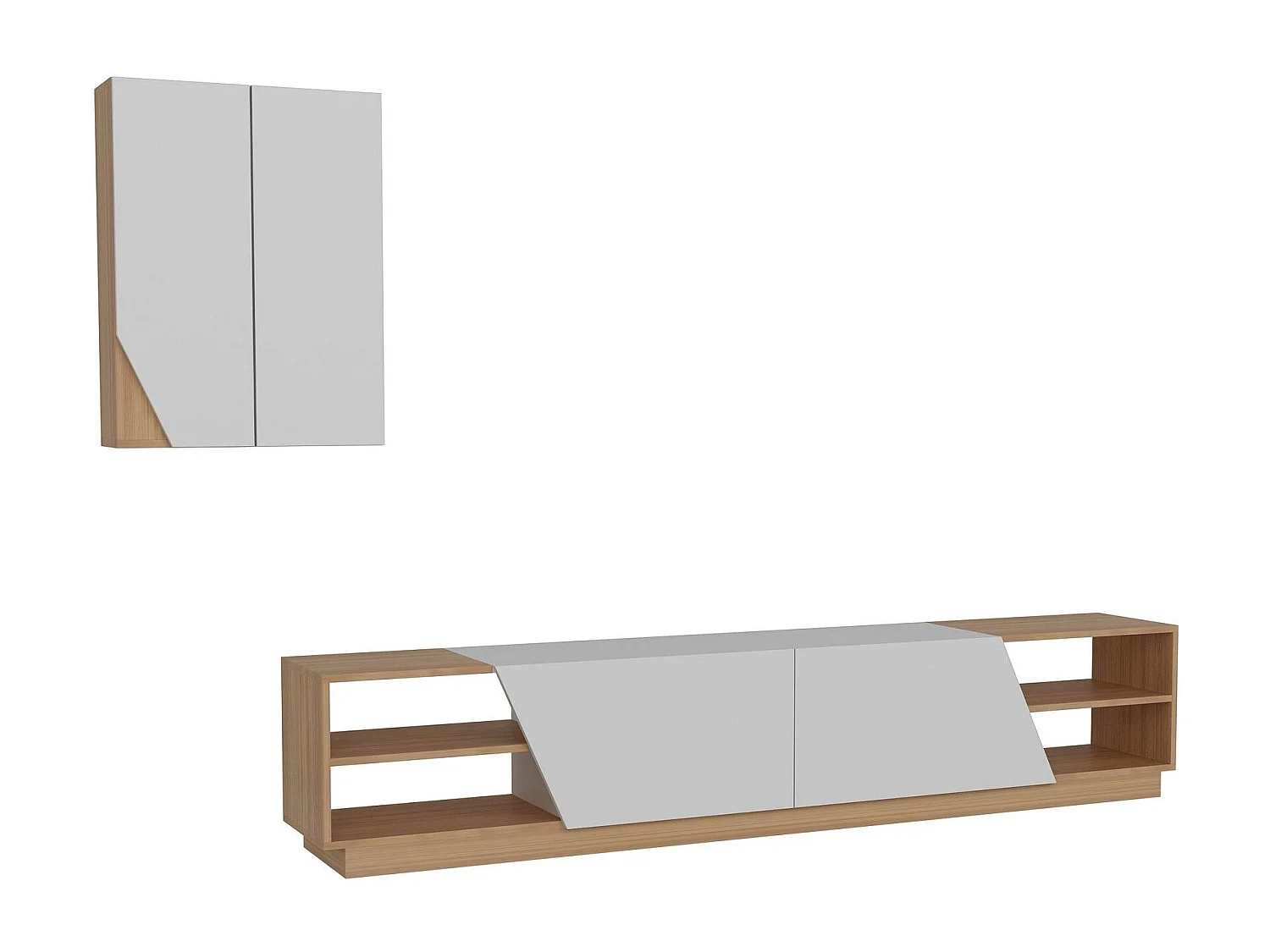 Moderner TV-Ständer – 240 x 47 x 37,5 cm – Weiß und Teakholz – Melamin