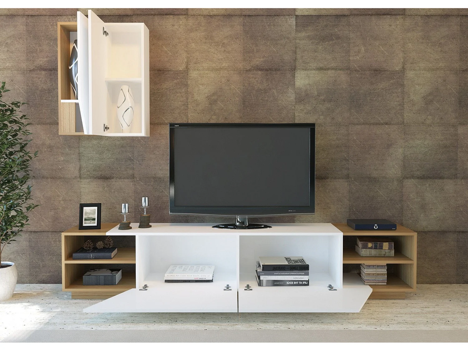 Moderner TV-Ständer – 240 x 47 x 37,5 cm – Weiß und Teakholz – Melamin