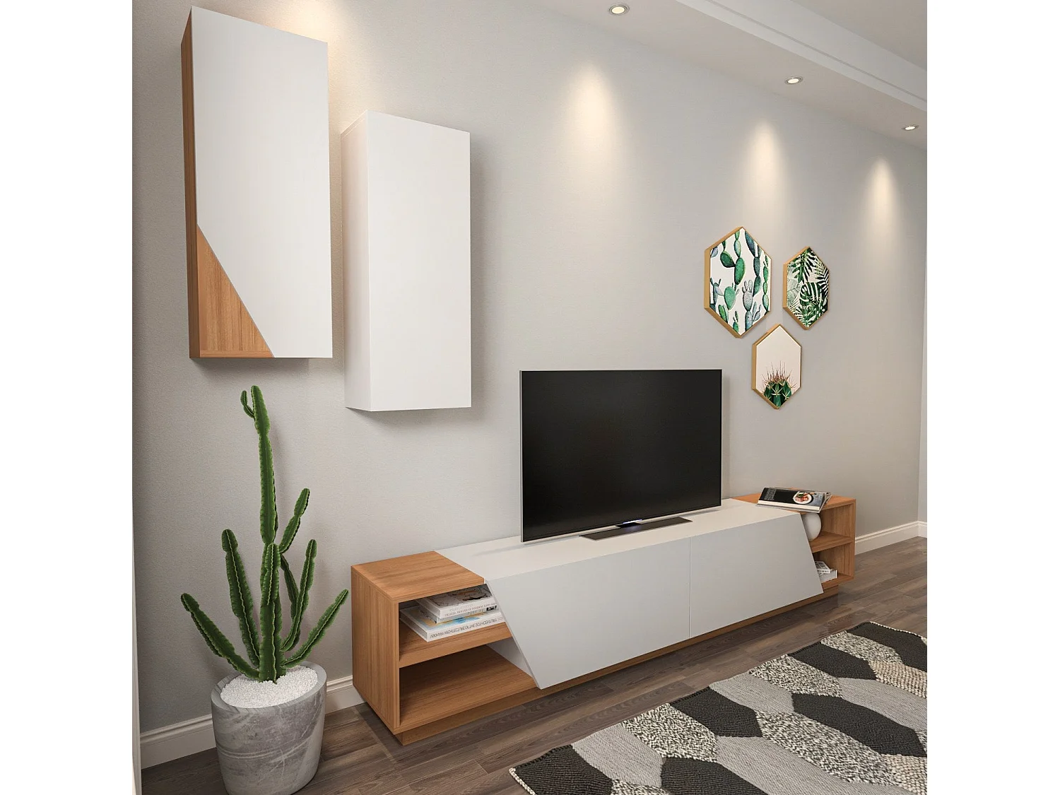 Moderner TV-Ständer – 240 x 47 x 37,5 cm – Weiß und Teakholz – Melamin