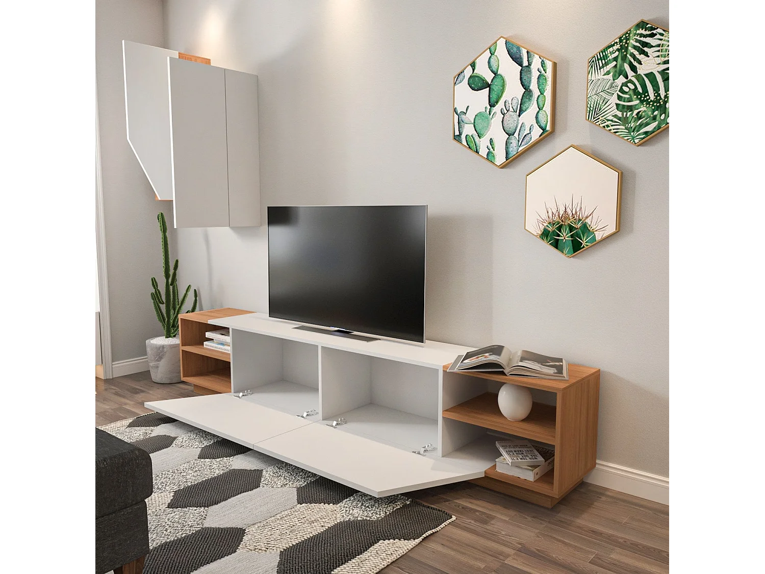 Moderner TV-Ständer – 240 x 47 x 37,5 cm – Weiß und Teakholz – Melamin