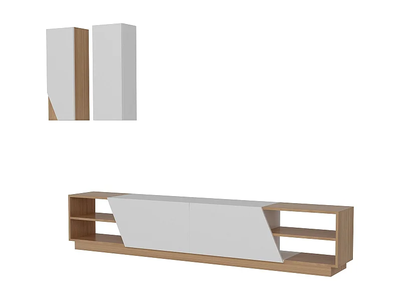 Moderner TV-Ständer – 240 x 47 x 37,5 cm – Weiß und Teakholz – Melamin