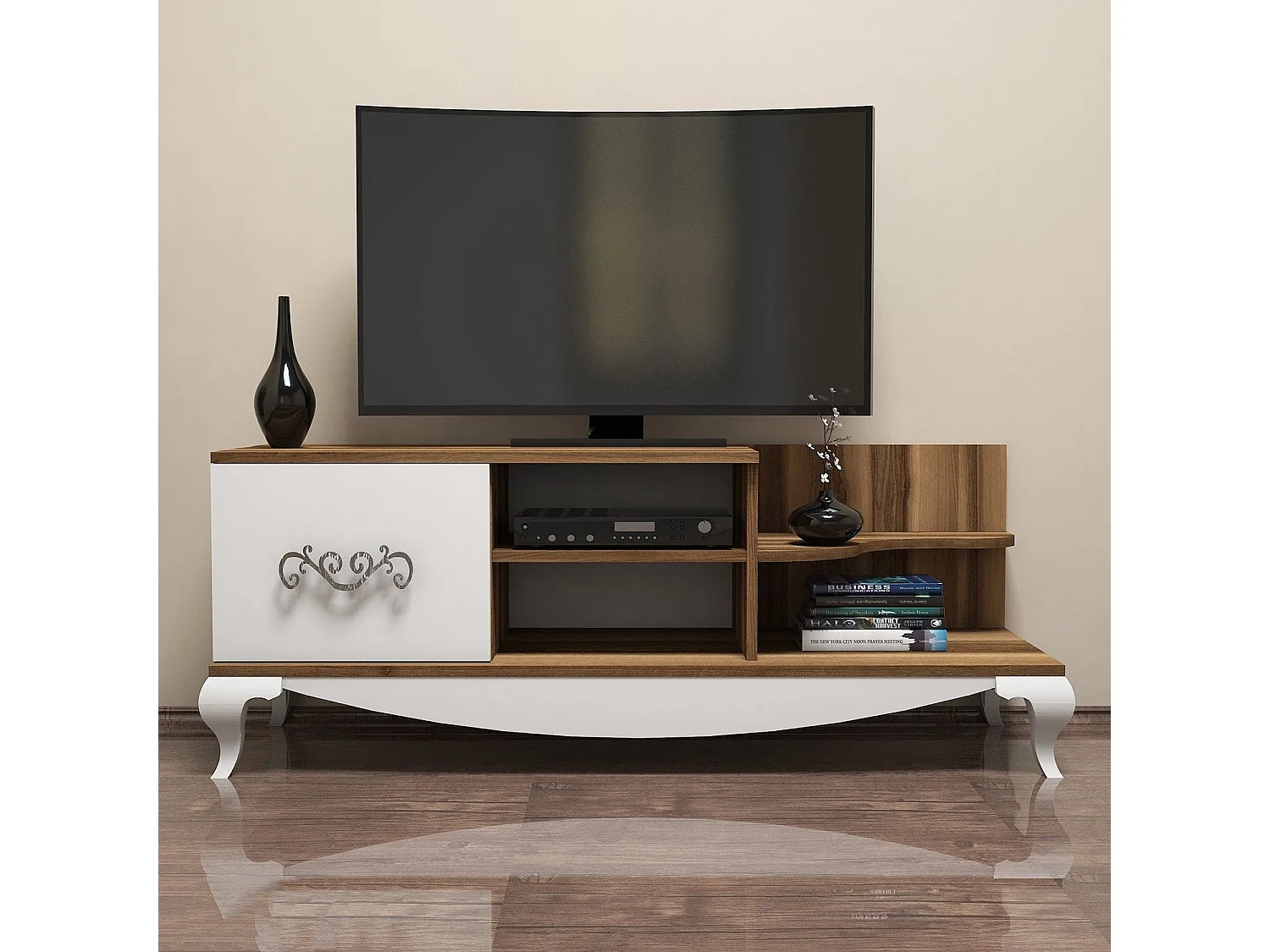Móvel de TV moderno – 130 cm x 50,6 cm x 45 cm – Nogueira e Branco – Melamina
