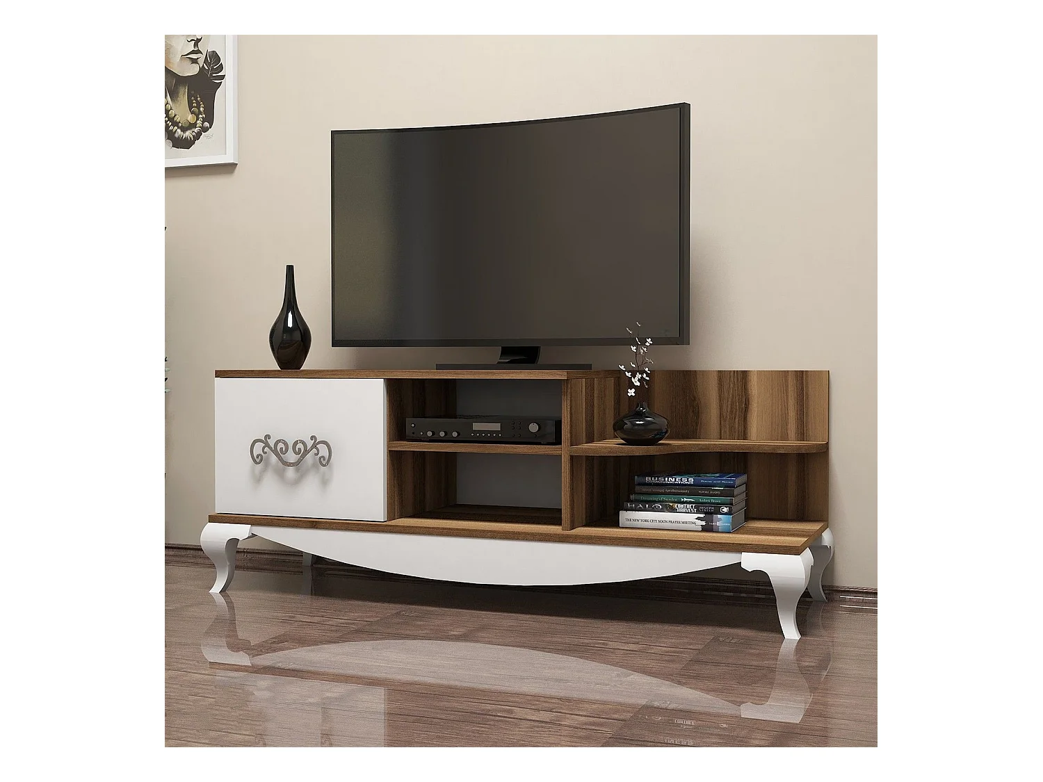 Mesa de tv Kailua 1484, Nogal|Blanco, 130x51x45cm