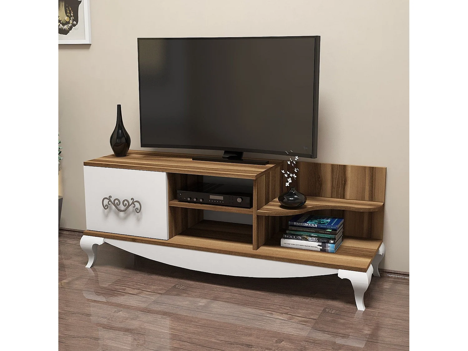 Moderner TV-Ständer – 130 cm x 50,6 cm x 45 cm – Walnuss und Weiß – Melamin