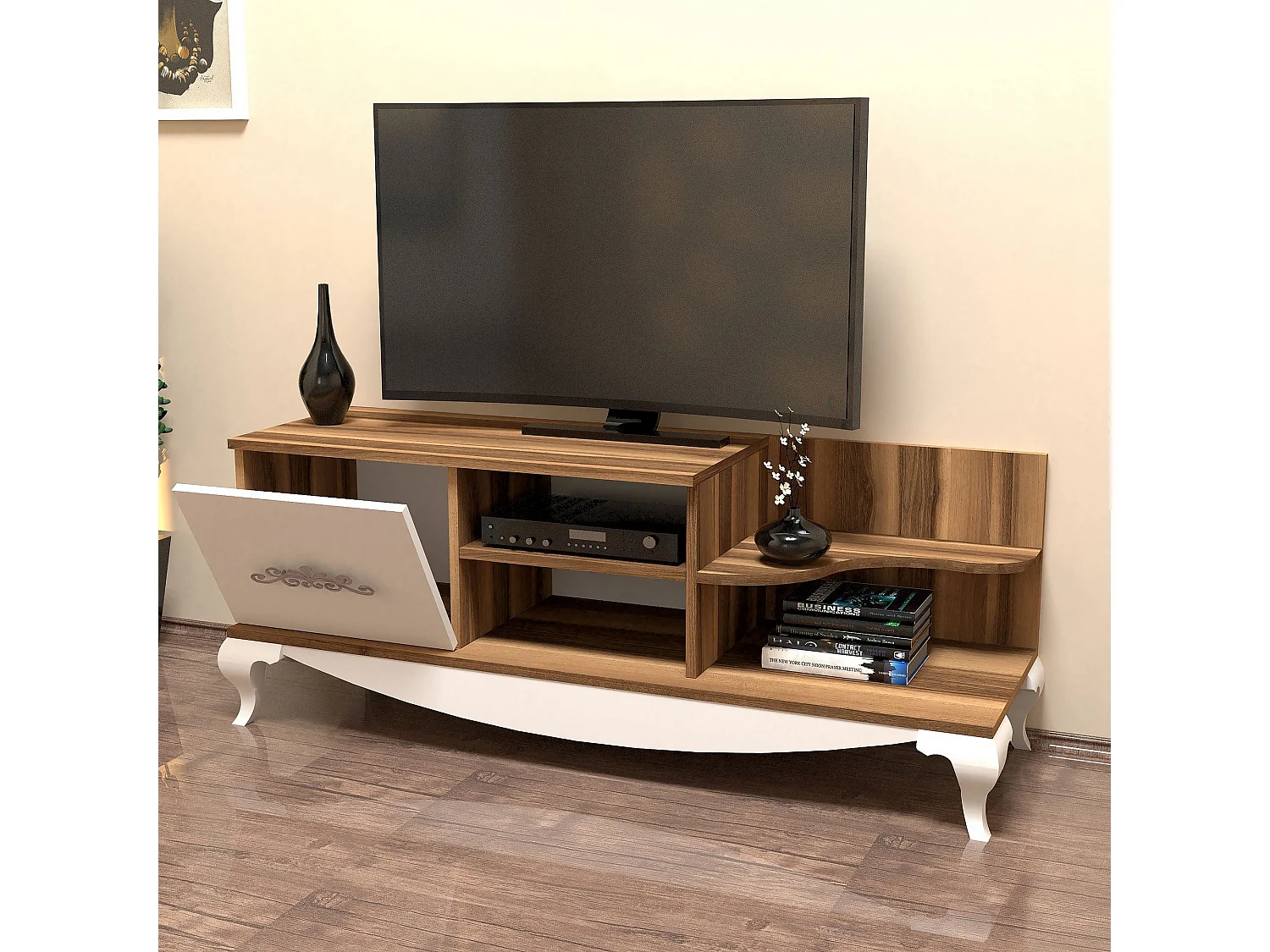 Moderner TV-Ständer – 130 cm x 50,6 cm x 45 cm – Walnuss und Weiß – Melamin