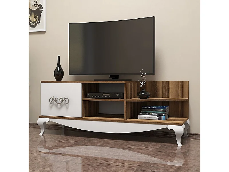 Meuble TV 1 porte et 4 étagères Belo 130cm Bois et Blanc