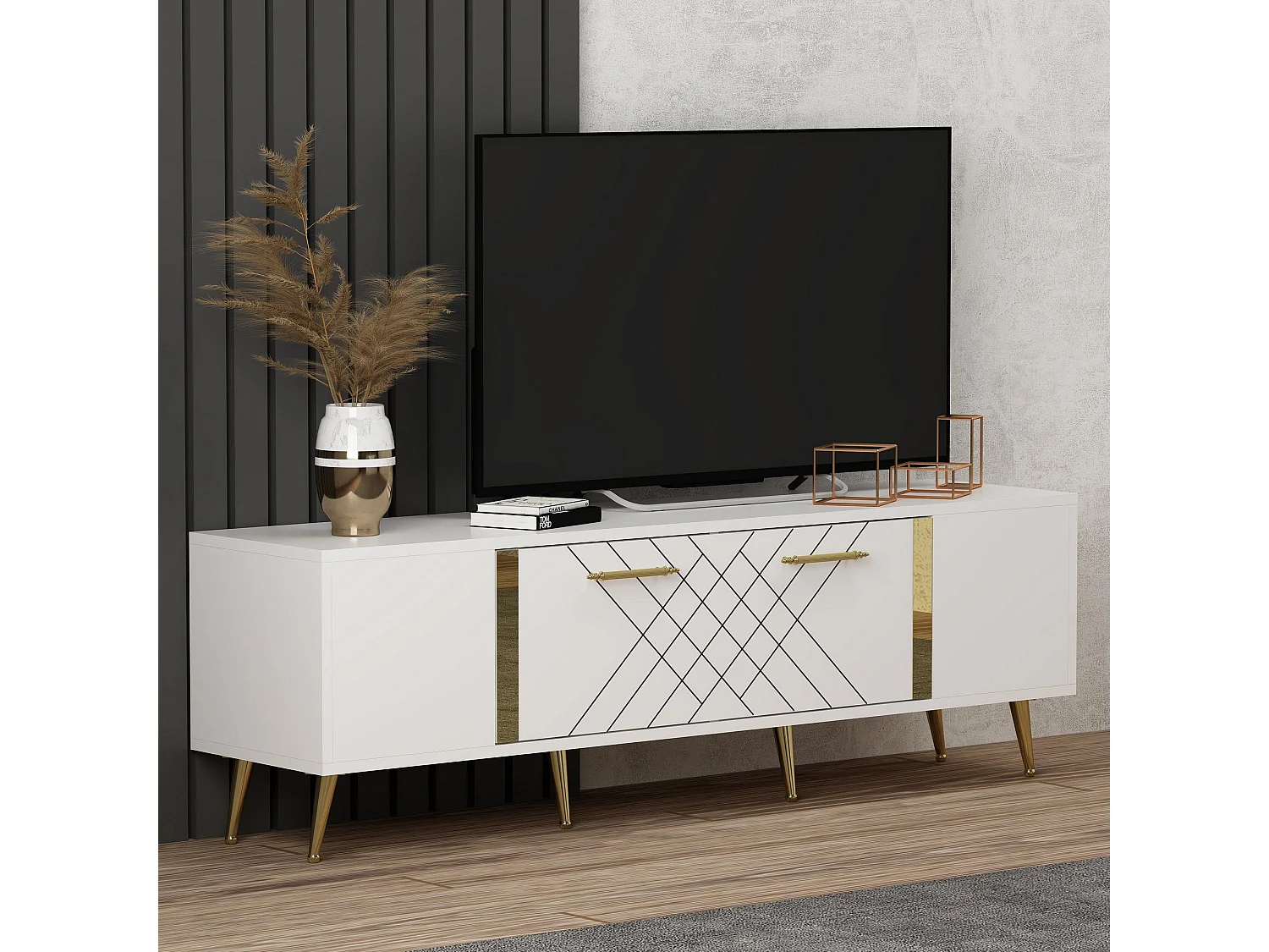 Mesa de tv Kailua 269, Blanco|Dorado, Número de puertas: 2.00, 150x48x35cm