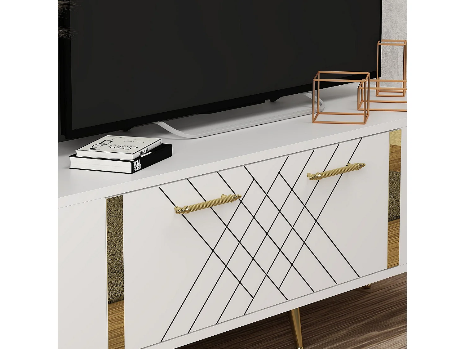 Mobile TV moderno – 150 cm x 48,2 cm x 35 cm – Bianco e oro – Pannello truciolare rivestito in melaminico