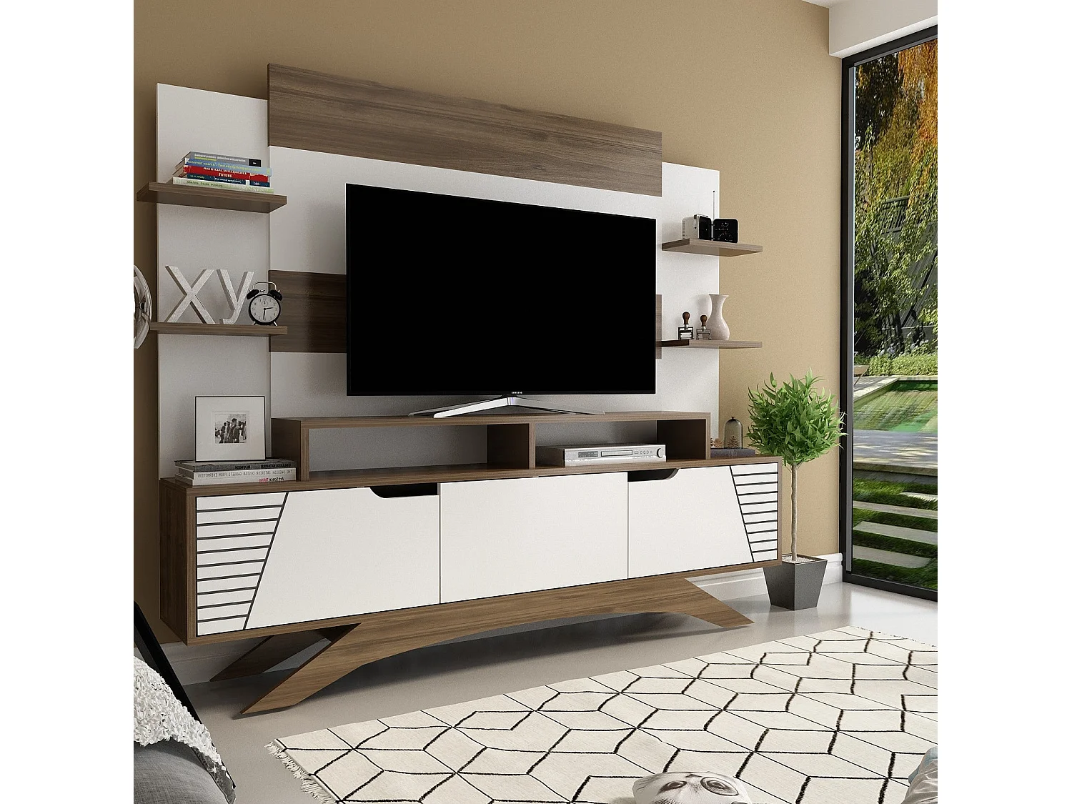 Mobile TV moderno – 180 cm x 148,6 cm x 29,5 cm – noce e bianco – melaminico