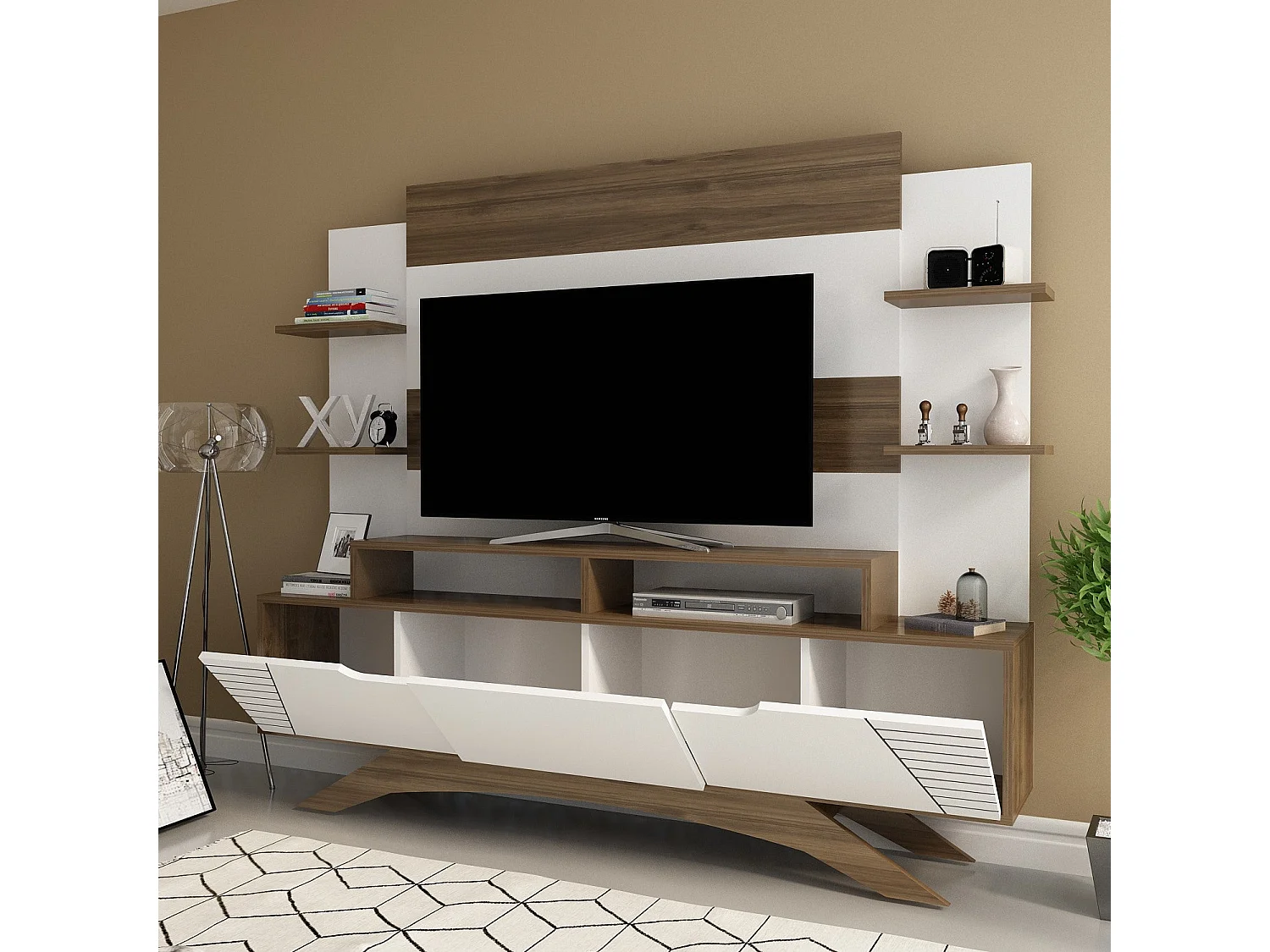 Mobile TV moderno – 180 cm x 148,6 cm x 29,5 cm – noce e bianco – melaminico