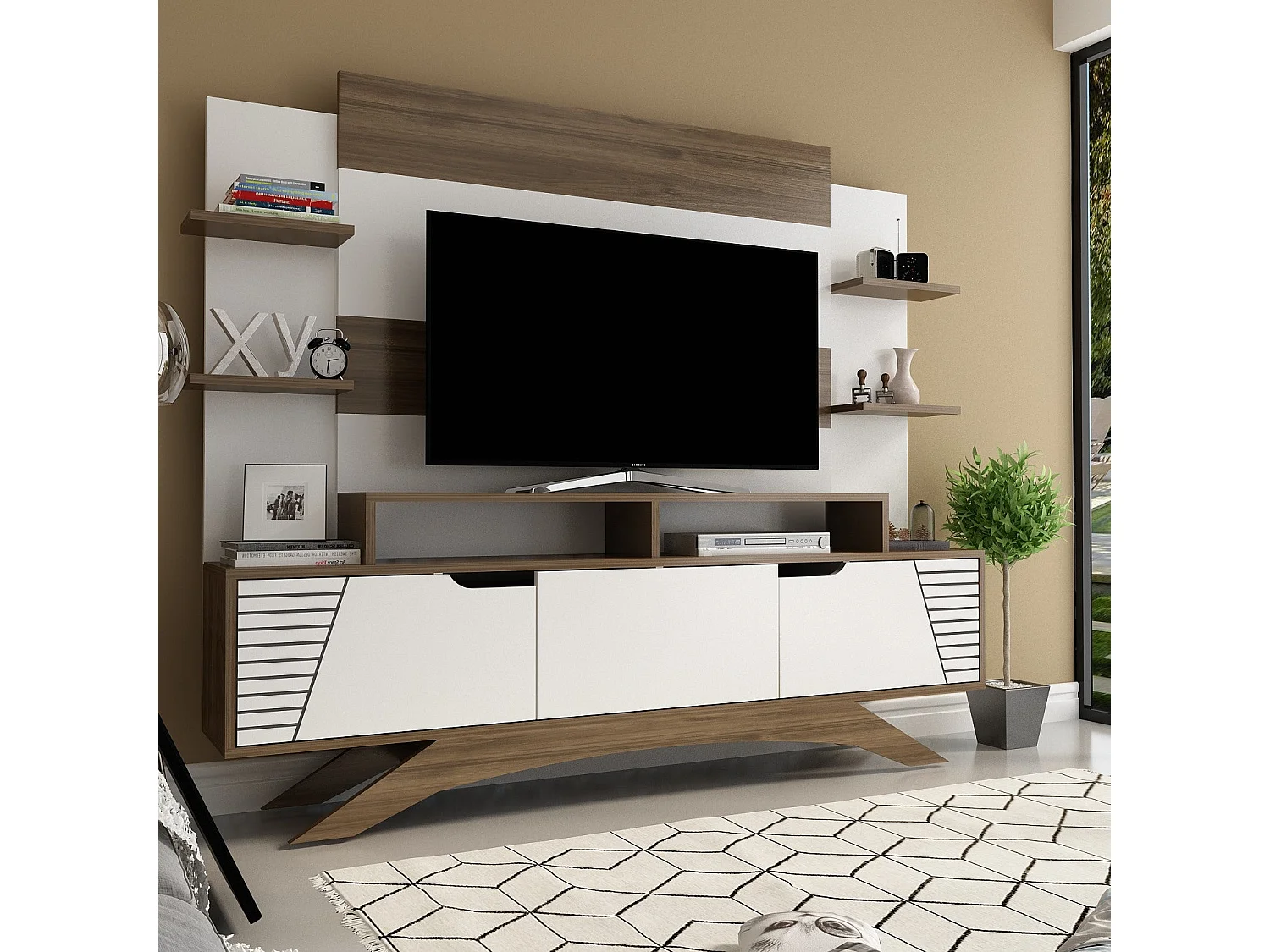 Mobile TV moderno – 180 cm x 148,6 cm x 29,5 cm – noce e bianco – melaminico