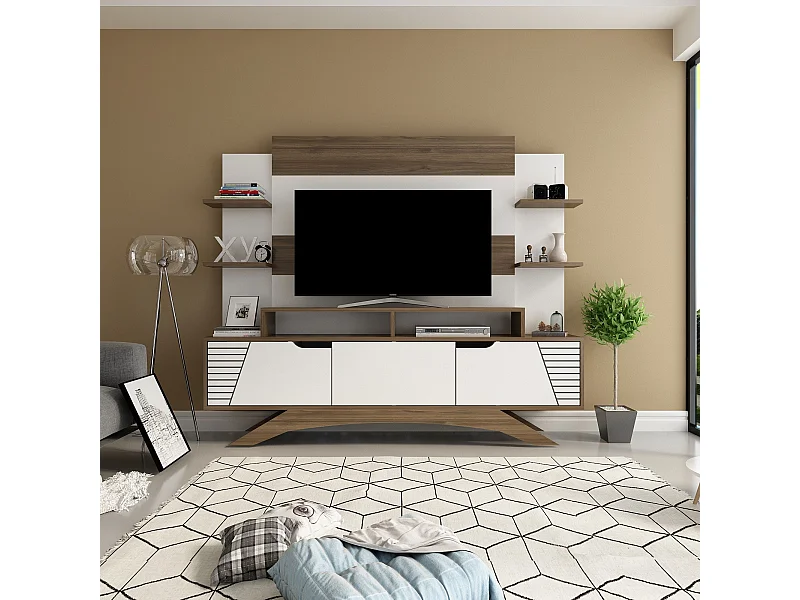Mobile TV moderno – 180 cm x 148,6 cm x 29,5 cm – noce e bianco – melaminico