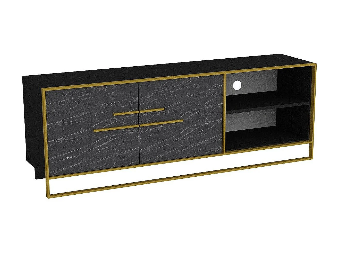 Mesa de tv Kailua 1169, Mármol negro|Dorado, 160x57x39cm