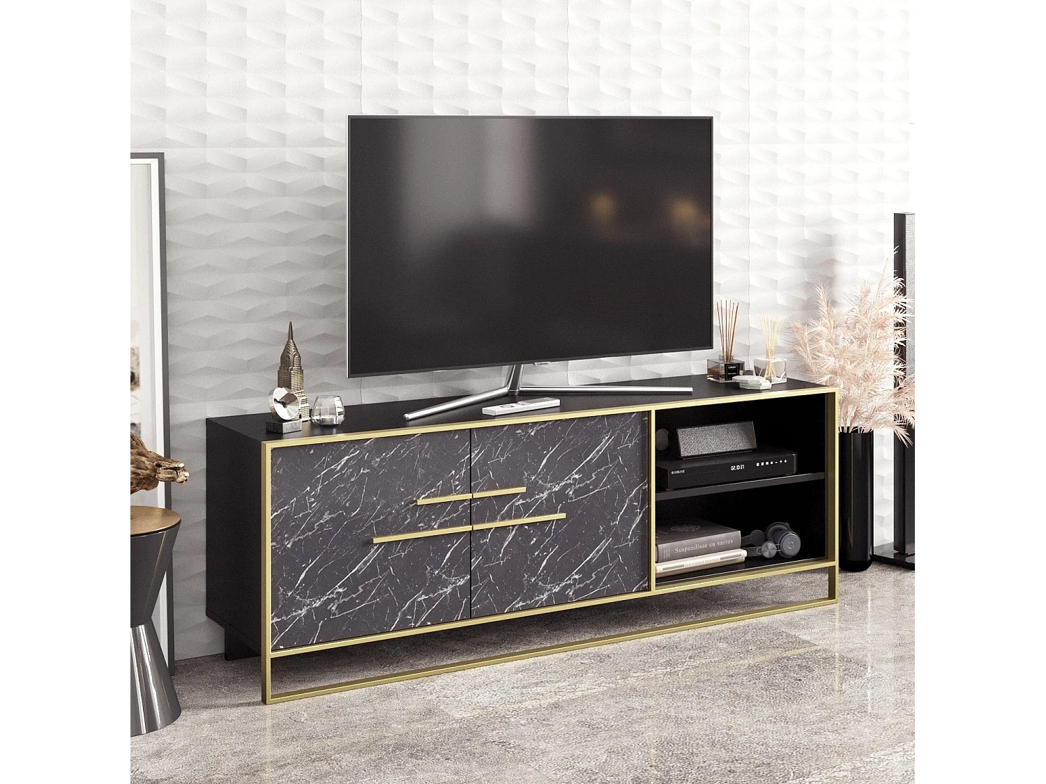 Mesa de tv Kailua 1169, Mármol negro|Dorado, 160x57x39cm