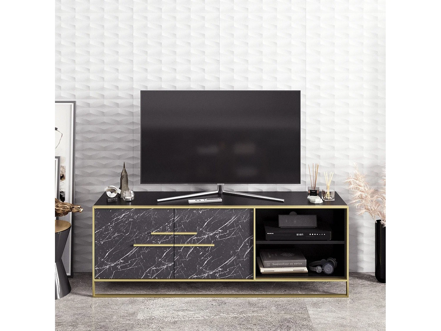 Mesa de tv Kailua 1169, Mármol negro|Dorado, 160x57x39cm