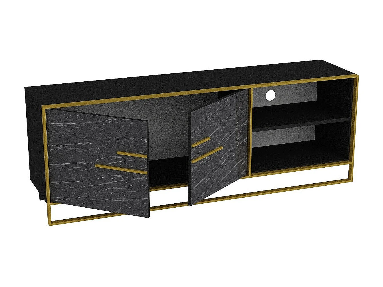 Mesa de tv Kailua 1169, Mármol negro|Dorado, 160x57x39cm