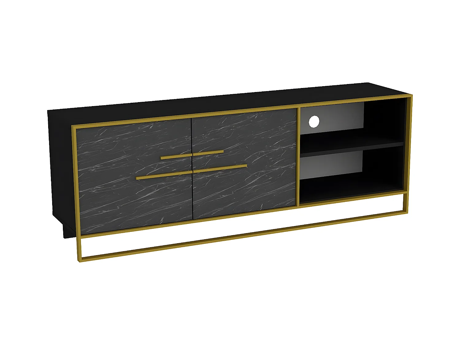 Meuble TV 2 portes et 2 étagères Anita 160cm Métal Or et Bois Noir effet marbre