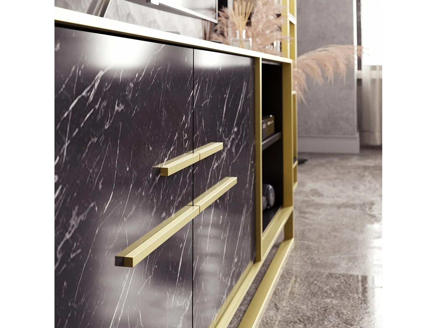 TV-meubel met goud-zwart marmerpatroon, 160 cm | 100% melamine gecoate spaanplaat, 18 mm dik | Wandmontage, meerdere planken, glamoureus barok design