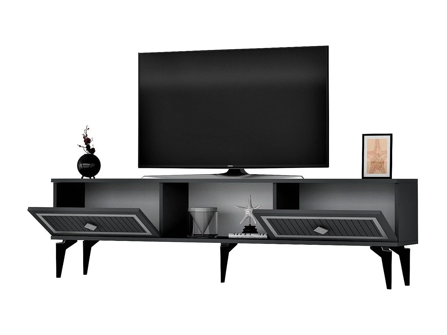 Mesa de tv Kailua 1986, Negro|Plata|Antracita, 150x45x30cm