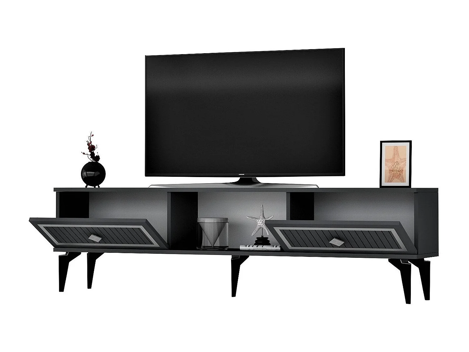 Mesa de tv Kailua 1986, Negro|Plata|Antracita, 150x45x30cm
