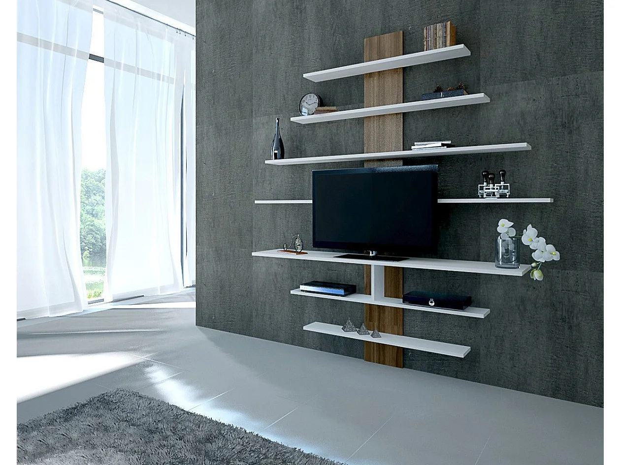 Moderner TV-Ständer – 160 x 160 x 30 cm – Weiß und Walnuss – Melaminbeschichtete Spanplatte