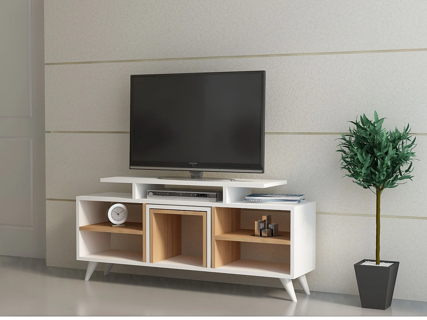Móvel de TV moderno – 120 cm – Branco e Teca – 100% revestido em melamina
