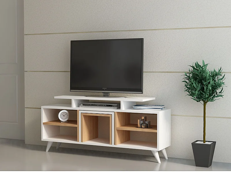 Móvel de TV moderno – 120 cm – Branco e Teca – 100% revestido em melamina