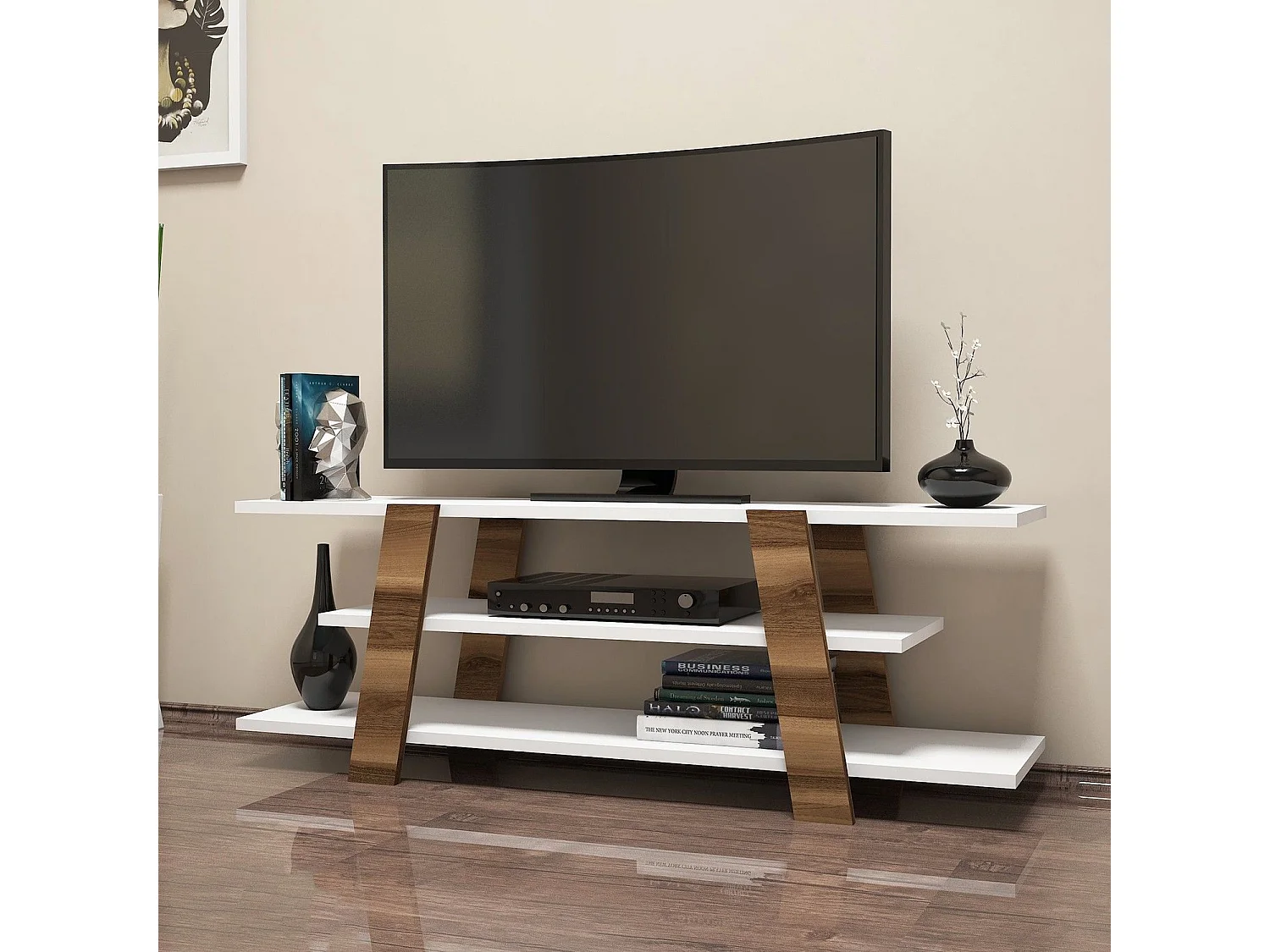 Mesa de tv Kailua 1476, Blanco|Nogal, 120x42x34cm
