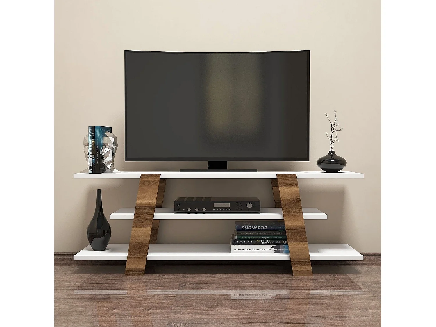 Mesa de tv Kailua 1476, Blanco|Nogal, 120x42x34cm