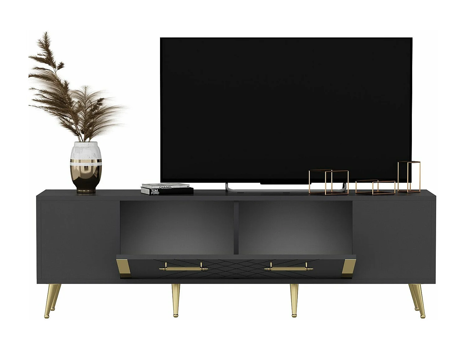 Mesa de tv Kailua 269, Antracita|Dorado, Número de puertas: 2.00, 150x48x35cm